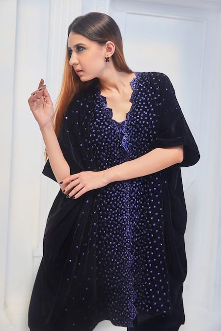 Shop_MONK & MEI BY SONIA ANAND_Blue Round Neck Geometric Velvet Kaftan And Pant Set _Online_at_Aza_Fashions