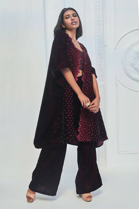 Monk & Mei By Sonia Anand_Wine Velvet Embroidery Round Neck Geometric Pattern Kaftan And Pant Set _Online_at_Aza_Fashions