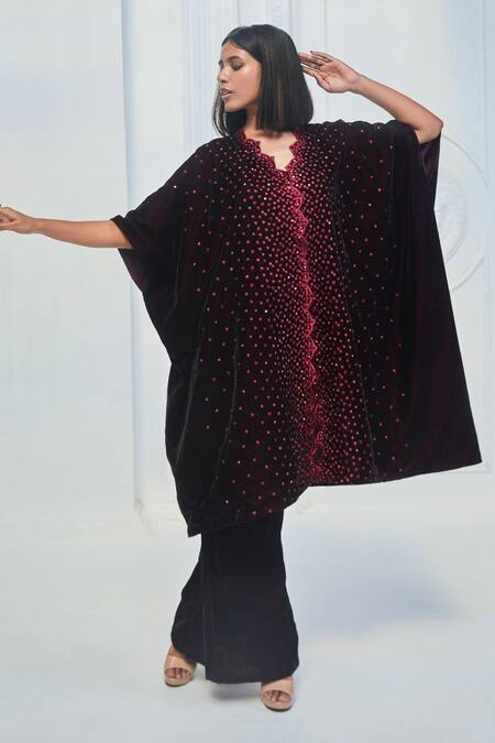 Buy_Monk & Mei By Sonia Anand_Wine Velvet Embroidery Round Neck Geometric Pattern Kaftan And Pant Set _Online_at_Aza_Fashions