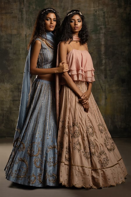 Buy Mona And Vishu Pink Lehenga And Blouse Dupion Dupatta Kota Floral Embroidered Set Online at Aza Fashions Buy_Mona And Vishu_Pink Lehenga And Blouse Dupion Dupatta Kota Floral Embroidered Set _Online_at_Aza_Fashions