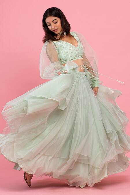 PIRI INDIA Green Organza Embroidery, Beads, Pearls, Sequins V-neck Hand Top And Lehenga Set Online at Aza Fashions PIRI INDIA_Green Organza Embroidery, Beads, Pearls, Sequins V-neck Hand Top And Lehenga Set _Online_at_Aza_Fashions