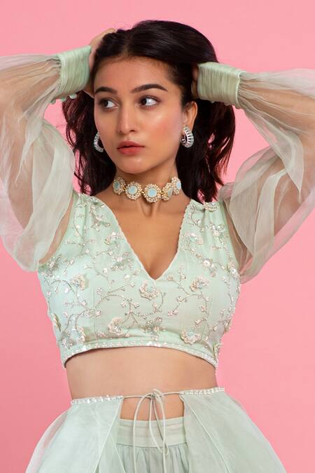 Buy PIRI INDIA Green Organza Embroidery, Beads, Pearls, Sequins V-neck Hand Top And Lehenga Set Online at Aza Fashions Buy_PIRI INDIA_Green Organza Embroidery, Beads, Pearls, Sequins V-neck Hand Top And Lehenga Set _Online_at_Aza_Fashions
