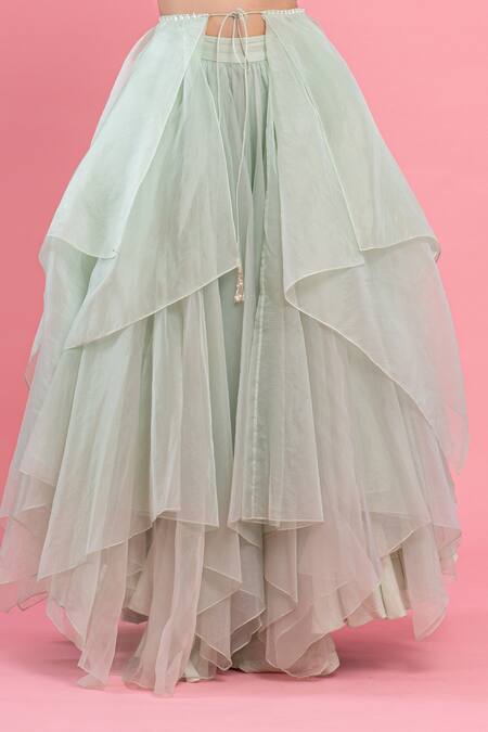 Shop PIRI INDIA Green Organza Embroidery, Beads, Pearls, Sequins V-neck Hand Top And Lehenga Set Online at Aza Fashions Shop_PIRI INDIA_Green Organza Embroidery, Beads, Pearls, Sequins V-neck Hand Top And Lehenga Set _Online_at_Aza_Fashions