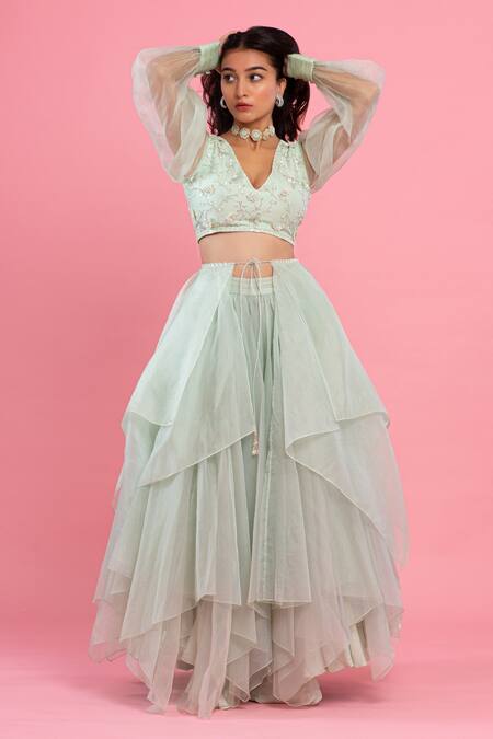 PIRI INDIA Green Organza Embroidery, Beads, Pearls, Sequins V-neck Hand Top And Lehenga Set at Aza Fashions PIRI INDIA_Green Organza Embroidery, Beads, Pearls, Sequins V-neck Hand Top And Lehenga Set _at_Aza_Fashions