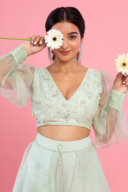 PIRI INDIA Green Organza, Georgette Sequins, Pearls, Beads, Hand Top And Palazzo Set Online at Aza Fashions PIRI INDIA_Green Organza, Georgette Sequins, Pearls, Beads, Hand Top And Palazzo Set _Online_at_Aza_Fashions