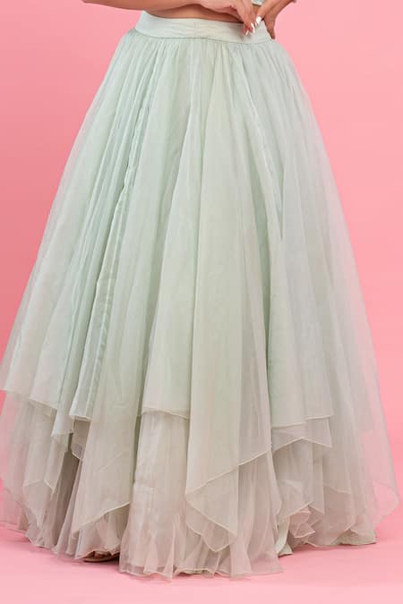 PIRI INDIA Green Organza, Chanderi Sequins, Embroidery One Hand Crop Top And Lehenga Set Online at Aza Fashions PIRI INDIA_Green Organza, Chanderi Sequins, Embroidery One Hand Crop Top And Lehenga Set _Online_at_Aza_Fashions