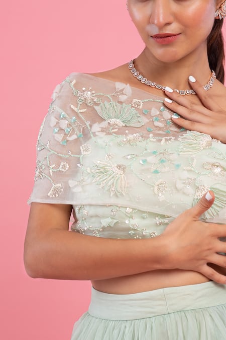 Buy PIRI INDIA Green Organza, Chanderi Sequins, Embroidery One Hand Crop Top And Lehenga Set Online at Aza Fashions Buy_PIRI INDIA_Green Organza, Chanderi Sequins, Embroidery One Hand Crop Top And Lehenga Set _Online_at_Aza_Fashions