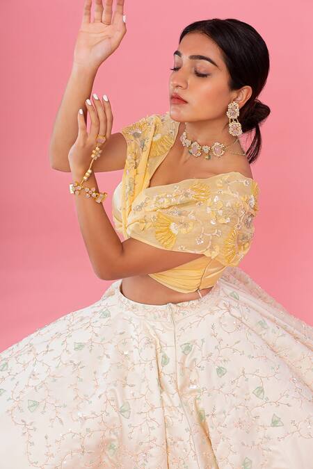 Shop PIRI INDIA Peach Satin, Organza, Chanderi Beads, Hand Embroidered Crop Top And Lehenga Set Online at Aza Fashions Shop_PIRI INDIA_Peach Satin, Organza, Chanderi Beads, Hand Embroidered Crop Top And Lehenga Set _Online_at_Aza_Fashions