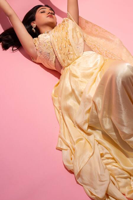 PIRI INDIA Yellow Silk, Chanderi, Organza Sequins, Beads, Pre-draped Saree With Crop Top Online at Aza Fashions PIRI INDIA_Yellow Silk, Chanderi, Organza Sequins, Beads, Pre-draped Saree With Crop Top _Online_at_Aza_Fashions