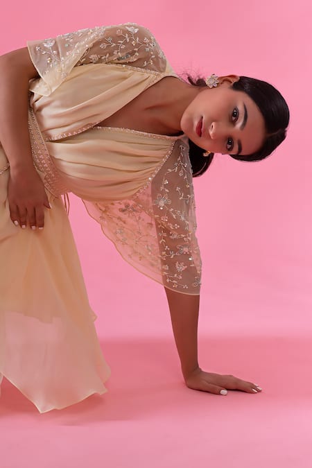 PIRI INDIA Yellow Georgette Beads, Sequins, Pearls, Embroidery Sweetheart Cape Palazzo Set Online at Aza Fashions PIRI INDIA_Yellow Georgette Beads, Sequins, Pearls, Embroidery Sweetheart Cape Palazzo Set _Online_at_Aza_Fashions