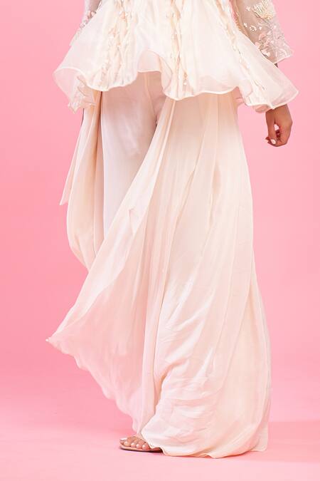 PIRI INDIA Ivory Organza, Crepe Embroidery V-neck Hand Peplum And Palazzo Set Online at Aza Fashions PIRI INDIA_Ivory Organza, Crepe Embroidery V-neck Hand Peplum And Palazzo Set _Online_at_Aza_Fashions