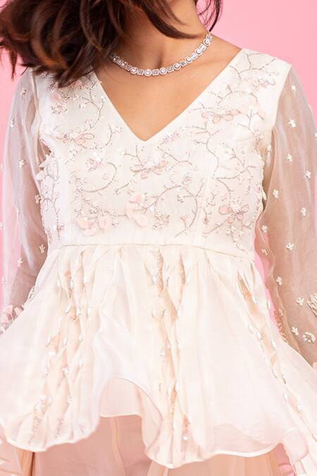 Buy PIRI INDIA Ivory Organza, Crepe Embroidery V-neck Hand Peplum And Palazzo Set Online at Aza Fashions Buy_PIRI INDIA_Ivory Organza, Crepe Embroidery V-neck Hand Peplum And Palazzo Set _Online_at_Aza_Fashions