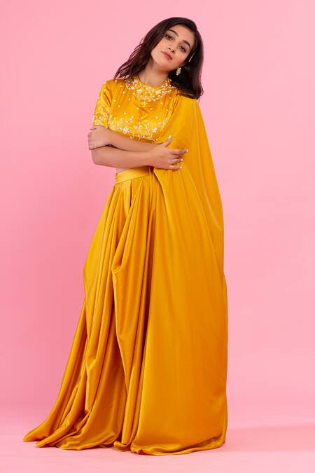 PIRI INDIA Yellow Satin, Silk Beads, Pearls, Sequins, Milano Cowl Pre-draped Saree Set Online at Aza Fashions PIRI INDIA_Yellow Satin, Silk Beads, Pearls, Sequins, Milano Cowl Pre-draped Saree Set _Online_at_Aza_Fashions