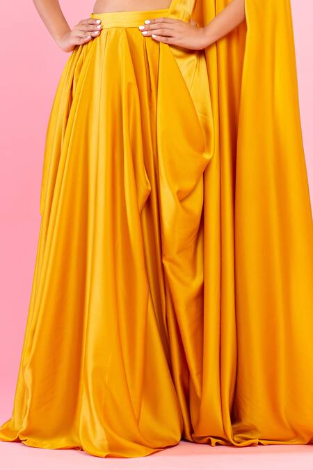 Shop PIRI INDIA Yellow Satin, Silk Beads, Pearls, Sequins, Milano Cowl Pre-draped Saree Set Online at Aza Fashions Shop_PIRI INDIA_Yellow Satin, Silk Beads, Pearls, Sequins, Milano Cowl Pre-draped Saree Set _Online_at_Aza_Fashions