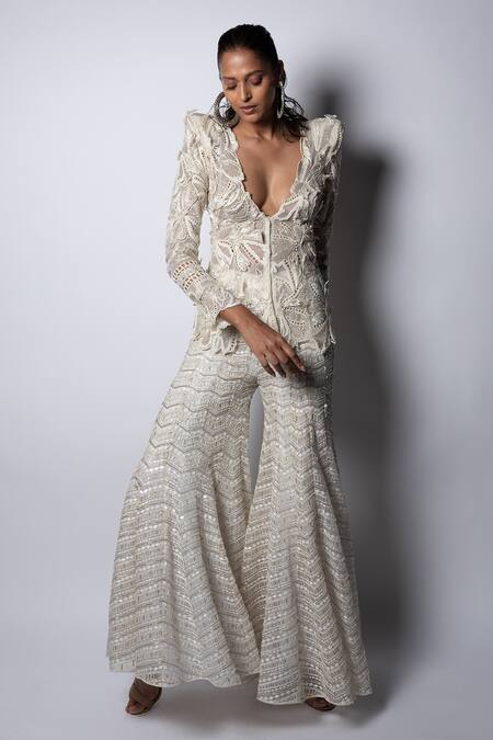 Shop Ritika Mirchandani Ivory Net Embroidery Bead V Siriy Abstract Floral Kurta And Sharara Set Online at Aza Fashions Shop_Ritika Mirchandani_Ivory Net Embroidery Bead V Siriy Abstract Floral Kurta And Sharara Set _Online_at_Aza_Fashions