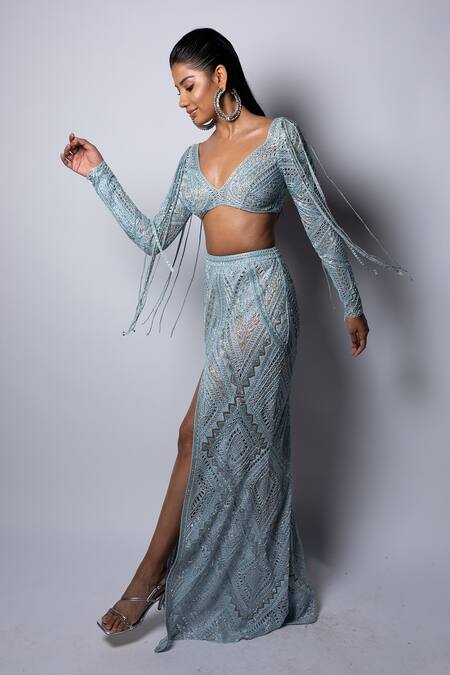 Buy_Ritika Mirchandani_Blue Net Embroidery Bead Broad V Saga Geometric Blouse And Skirt Set  _Online_at_Aza_Fashions