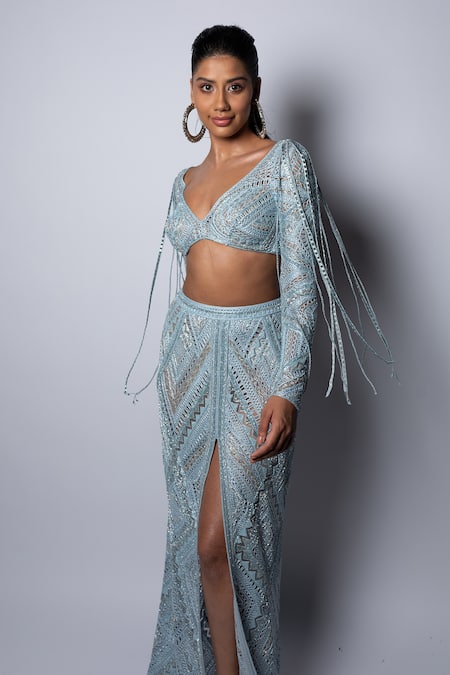 Shop_Ritika Mirchandani_Blue Net Embroidery Bead Broad V Saga Geometric Blouse And Skirt Set  _Online_at_Aza_Fashions