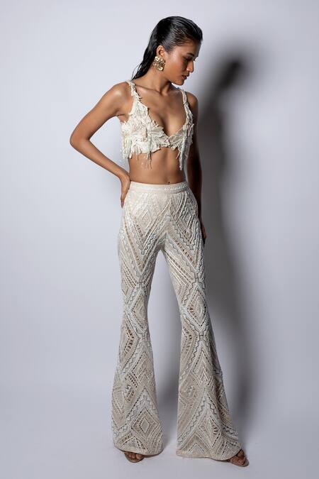 Buy Ritika Mirchandani Ivory Net Embroidery Floral Plunge Hazel Applique Bustier And Pant Set Online at Aza Fashions Buy_Ritika Mirchandani_Ivory Net Embroidery Floral Plunge Hazel Applique Bustier And Pant Set _Online_at_Aza_Fashions