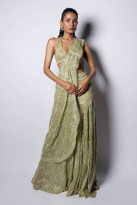 Ritika Mirchandani_Green Net Beads, Sequins, Embroidery Plunge Neck Vera Lehenga Saree With Blouse _at_Aza_Fashions