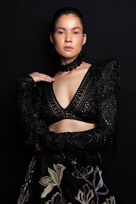 Ritika Mirchandani Black Net, Crepe, Georgette Beads, Freda Resham Floral Lehenga And Blouse Set at Aza Fashions Ritika Mirchandani_Black Net, Crepe, Georgette Beads, Freda Resham Floral Lehenga And Blouse Set _at_Aza_Fashions