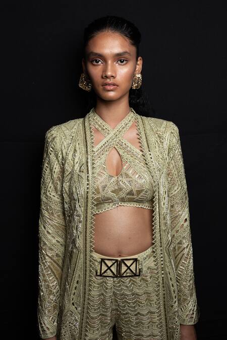 Buy Ritika Mirchandani Green Net, Crepe Embroidery, Beads, Zana Abstract Pattern Jacket Sharara Set Online at Aza Fashions Buy_Ritika Mirchandani_Green Net, Crepe Embroidery, Beads, Zana Abstract Pattern Jacket Sharara Set _Online_at_Aza_Fashions