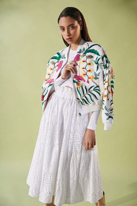 Betrue_White Linen Embroidery Mandarin Collar Bali Foliage Bomber Jacket _Online_at_Aza_Fashions