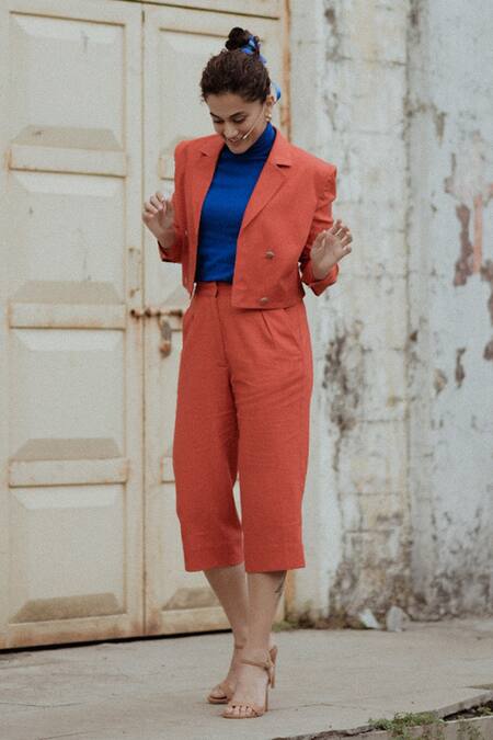 Buy_Betrue_Orange Cotton, Linen Embroidery Collared Double Breasted Jacket And Culottes Set _Online_at_Aza_Fashions
