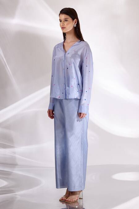 Betrue_Blue Silk Embroidery Mandarin Collar Oversized Shirt _Online_at_Aza_Fashions