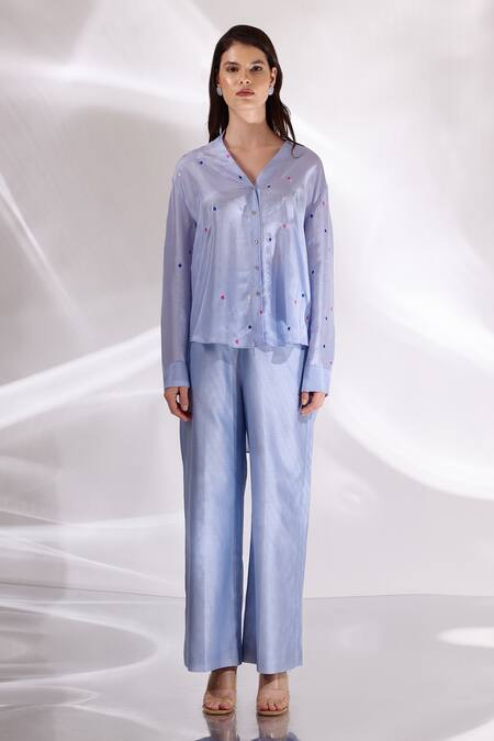 Buy_Betrue_Blue Silk Embroidery Mandarin Collar Oversized Shirt _Online_at_Aza_Fashions