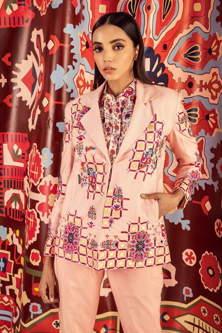 Betrue_Pink Handloom Cotton, Silk Embroidery Blazer _Online_at_Aza_Fashions