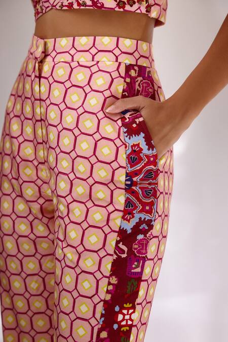 Betrue_Pink Silk Embroidery Geometric And Floral Print Flared Pant _Online_at_Aza_Fashions