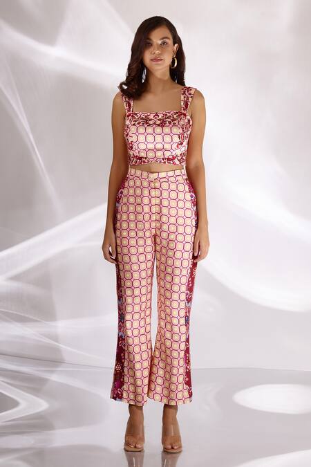 Buy Betrue Pink Silk Embroidery Geometric And Floral Print Flared Pant Online at Aza Fashions Buy_Betrue_Pink Silk Embroidery Geometric And Floral Print Flared Pant _Online_at_Aza_Fashions