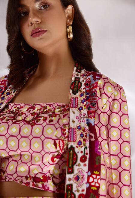 Shop_Betrue_Pink Handloom Cotton, Silk Embroidery Geometric And Floral Print Blazer _Online_at_Aza_Fashions