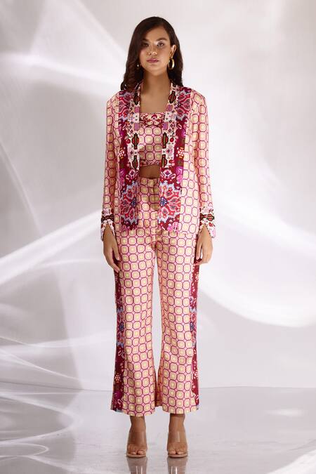 Betrue_Pink Handloom Cotton, Silk Embroidery Geometric And Floral Print Blazer _at_Aza_Fashions