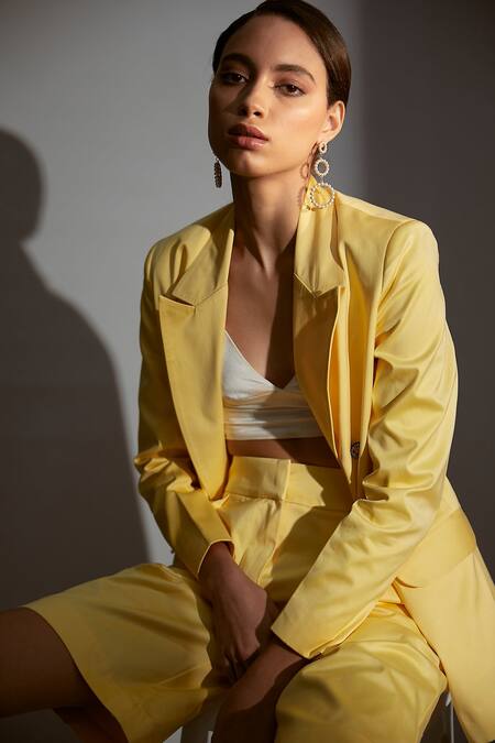 Betrue_Yellow Cotton Satin Double Breasted Blazer And Shorts Set _Online_at_Aza_Fashions