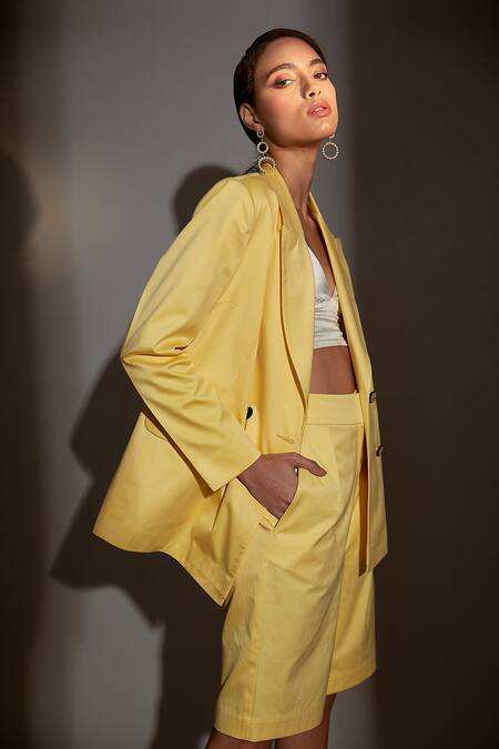 Buy_Betrue_Yellow Cotton Satin Double Breasted Blazer And Shorts Set _Online_at_Aza_Fashions