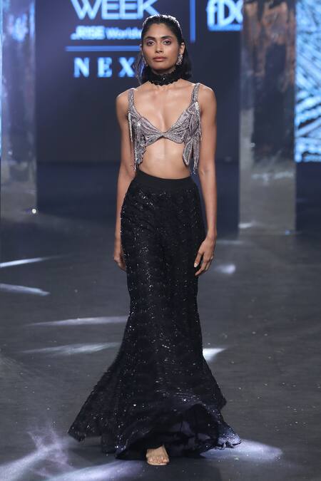 Ritika Mirchandani Black Net Embroidery Mari Metallic Disco Floral Bustier And Sharara Set Online at Aza Fashions Ritika Mirchandani_Black Net Embroidery Mari Metallic Disco Floral Bustier And Sharara Set _Online_at_Aza_Fashions
