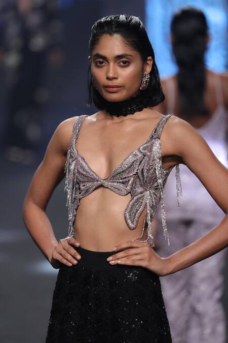 Shop Ritika Mirchandani Black Net Embroidery Mari Metallic Disco Floral Bustier And Sharara Set Online at Aza Fashions Shop_Ritika Mirchandani_Black Net Embroidery Mari Metallic Disco Floral Bustier And Sharara Set _Online_at_Aza_Fashions