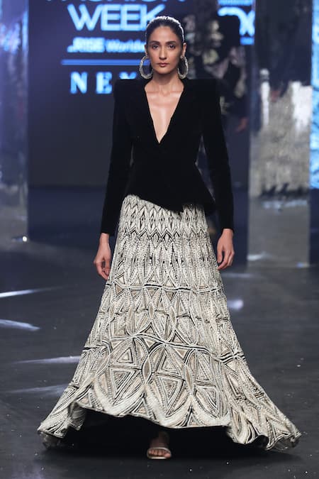 Ritika Mirchandani Beige Net Embroidery Bead Elif Resham Geometric Lehenga And Blazer Set Online at Aza Fashions Ritika Mirchandani_Beige Net Embroidery Bead Elif Resham Geometric Lehenga And Blazer Set _Online_at_Aza_Fashions