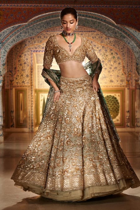 Buy_Seema Gujral_Gold Organza Zardozi Leaf Neck Embroidered Bridal Lehenga Set _Online_at_Aza_Fashions