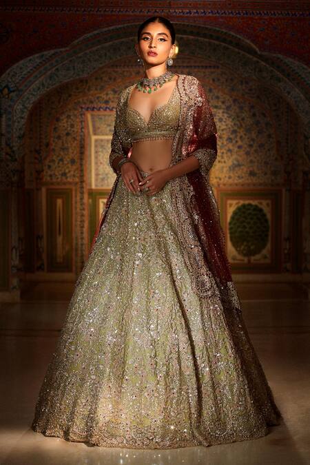 Seema Gujral_Green Net Crystal, Sequin, Bead Metallic Embroidered Bridal Lehenga Set_Online_at_Aza_Fashions