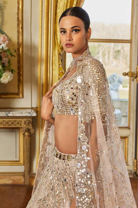 Seema Gujral Gold Net Embroidery, Sequins, Mirrors Scoop Neck Bridal Lehenga Set Online at Aza Fashions Seema Gujral_Gold Net Embroidery, Sequins, Mirrors Scoop Neck Bridal Lehenga Set _Online_at_Aza_Fashions