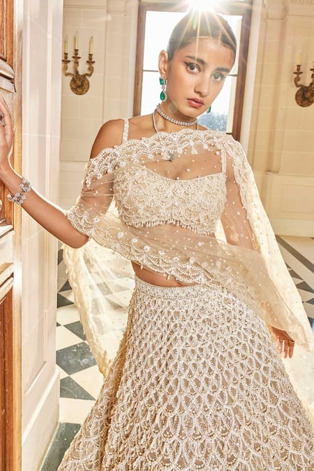 Buy Seema Gujral Beige Silk, Organza Pearls, Beads Scallop Embroidered Bridal Lehenga Set Online at Aza Fashions Buy_Seema Gujral_Beige Silk, Organza Pearls, Beads Scallop Embroidered Bridal Lehenga Set _Online_at_Aza_Fashions