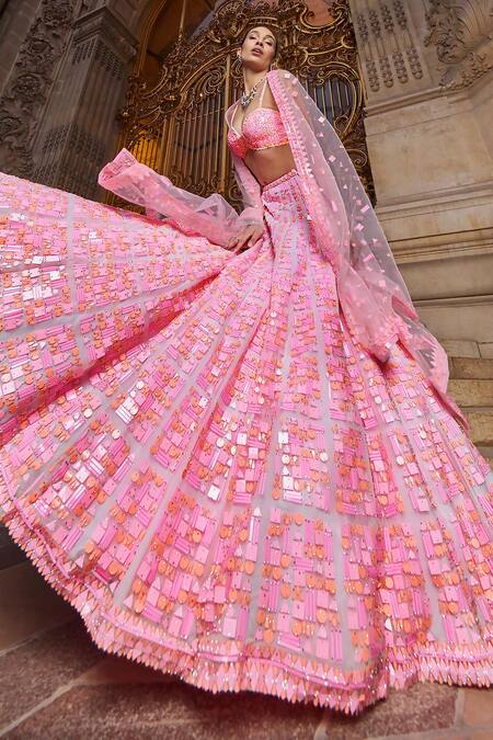 Buy Seema Gujral Pink Net Sequins Sweetheart Neck Neon Work Bridal Lehenga Set Online at Aza Fashions Buy_Seema Gujral_Pink Net Sequins Sweetheart Neck Neon Work Bridal Lehenga Set _Online_at_Aza_Fashions