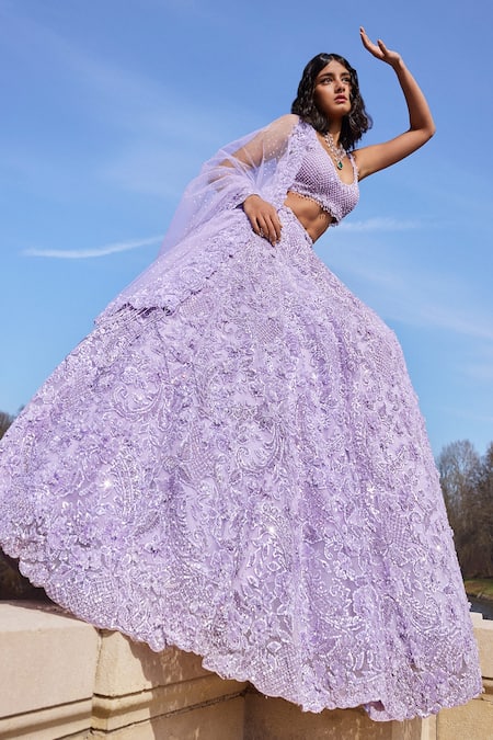 Seema Gujral Purple Net Sequins, Beads, Embroidery Round Neck Floral Bridal Lehenga Set Online at Aza Fashions Seema Gujral_Purple Net Sequins, Beads, Embroidery Round Neck Floral Bridal Lehenga Set _Online_at_Aza_Fashions