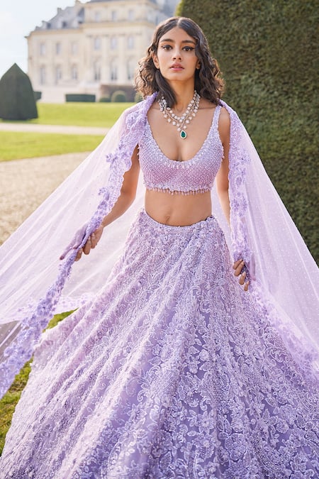 Shop Seema Gujral Purple Net Sequins, Beads, Embroidery Round Neck Floral Bridal Lehenga Set Online at Aza Fashions Shop_Seema Gujral_Purple Net Sequins, Beads, Embroidery Round Neck Floral Bridal Lehenga Set _Online_at_Aza_Fashions