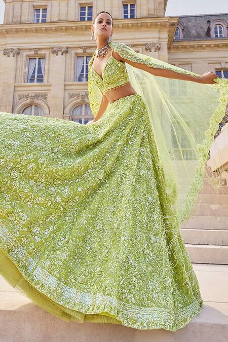 Buy_Seema Gujral_Green Net Sequins, Beads, Crystals Tonal Embroidered Bridal Lehenga Set_Online_at_Aza_Fashions