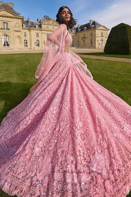 Shop Seema Gujral Pink Net Beads, Sequins Sweetheart Neck And Embroidered Bridal Lehenga Set Online at Aza Fashions Shop_Seema Gujral_Pink Net Beads, Sequins Sweetheart Neck And Embroidered Bridal Lehenga Set _Online_at_Aza_Fashions