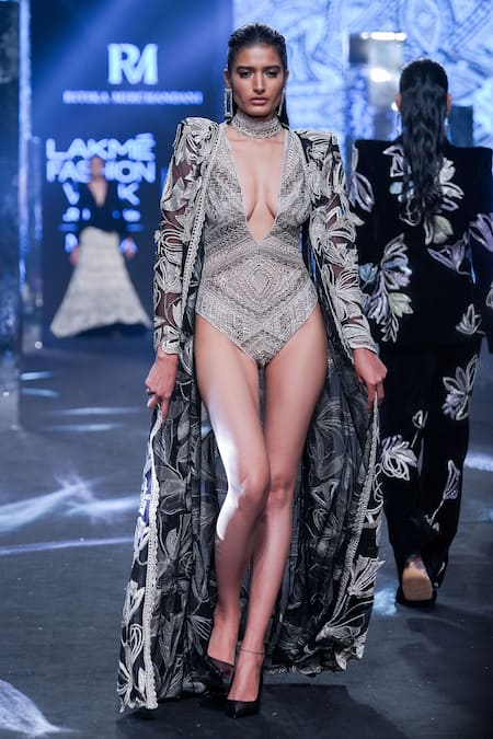 Shop Ritika Mirchandani Beige Net Embroidery Floral Bodysuit Plunging V Brisa Jacket With Online at Aza Fashions Shop_Ritika Mirchandani_Beige Net Embroidery Floral Bodysuit Plunging V Brisa Jacket With _Online_at_Aza_Fashions