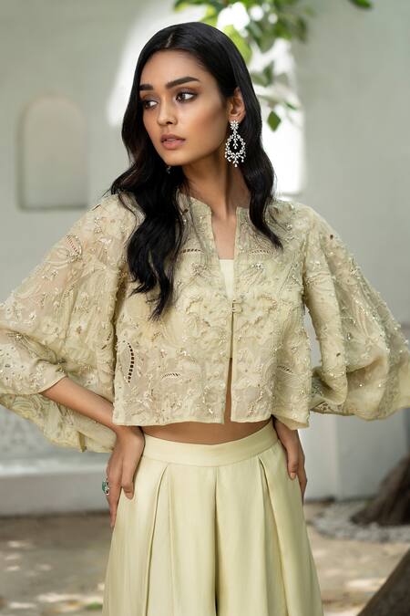 Label Ruhbab Yellow Organza, Silk Sequins, Crystals, Applique, Floral Jacket Pant Set Online at Aza Fashions Label Ruhbab_Yellow Organza, Silk Sequins, Crystals, Applique, Floral Jacket Pant Set _Online_at_Aza_Fashions